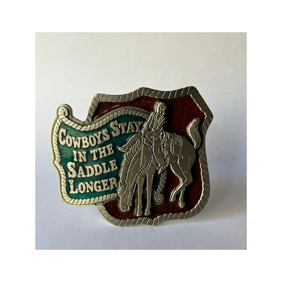 Cowboys Stay In The Saddle Longer Belt Buckle Vintage NOS - Picture 1 of 9